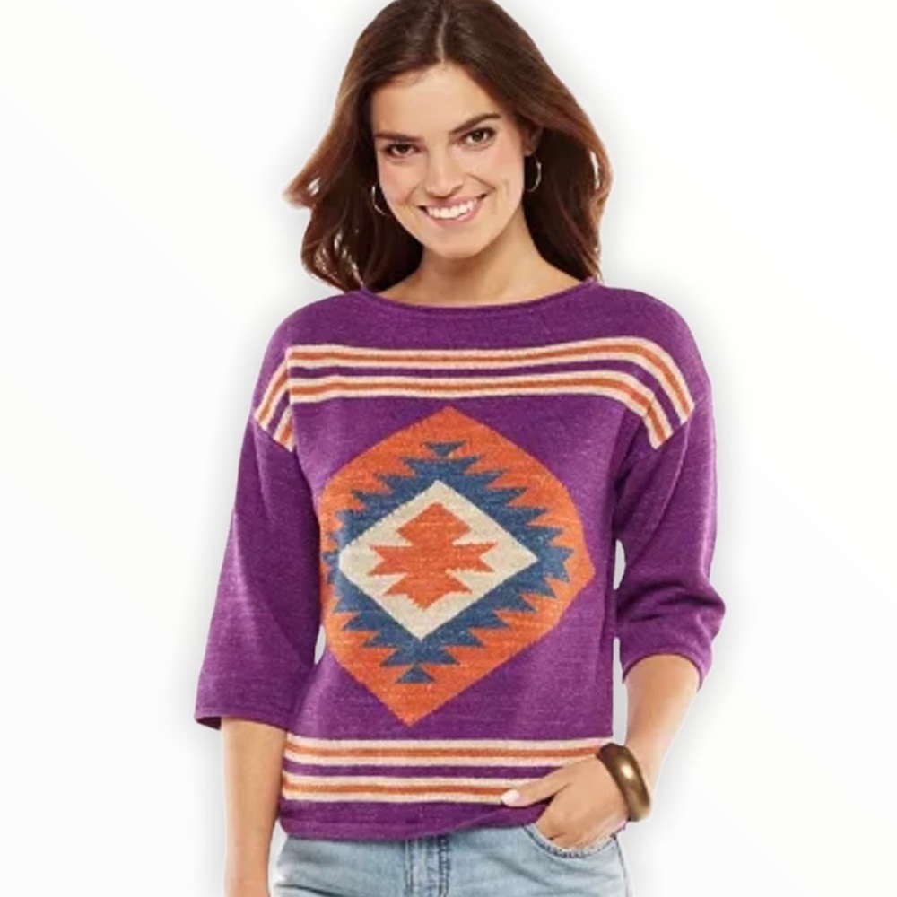 Chaps Southwestern Pattern Knit Cotton Boat Neck 3/4 Sleeve Sweater, S